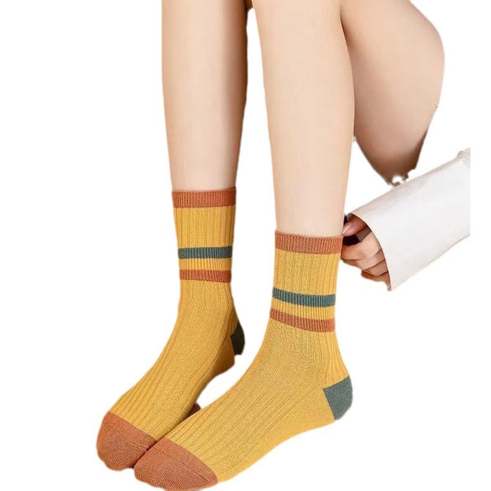 Wholesale Socks for Women Cotton Mid Socks Long Socks Double Needle Stripe Color Blocked Japanese Women JDC-SK-JiaMu003