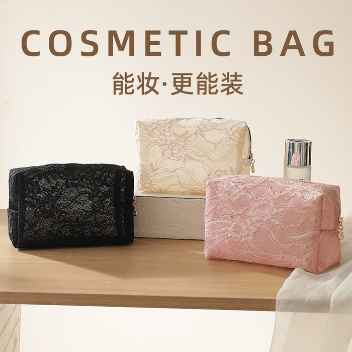 Wholesale Lace Mesh Makeup Bag Large Travel Cosmetic Organizer Stylish Beige