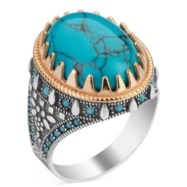 Wholesale Men' s Two-Tone Alloy Ring with Faux Turquoise Inlay