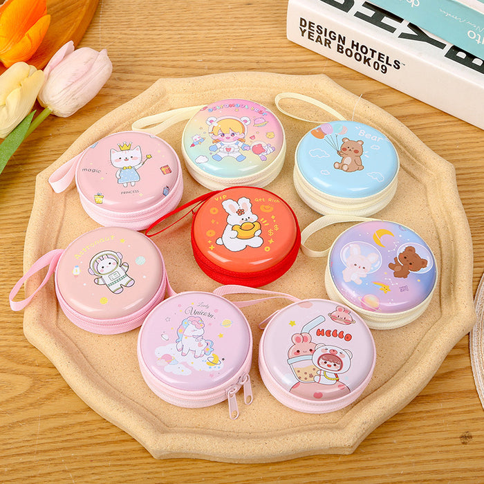 Wholesale Creative Round Tinplate Coin Purse Mini Cartoon Zipper Data Cable Storage Bag Headset Keychain Small Wallet