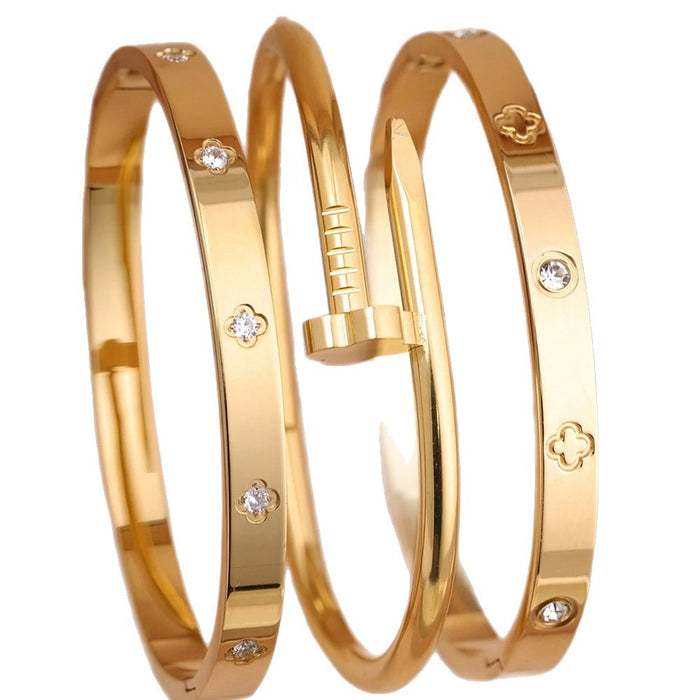 Wholesale Titanium Steel 18K Gold Plated Four Leaf Clover Zircon Stacked Bracelet Elegant Women S Fashion Jewelry Accessory