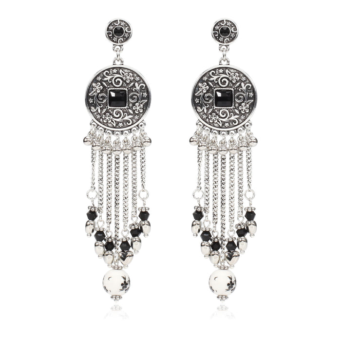 Wholesale Alloy Bohemian Tassel Leaf Ceramic Bead Crystal Rice Bead Pendant Earrings JDC-ES-Xiny005