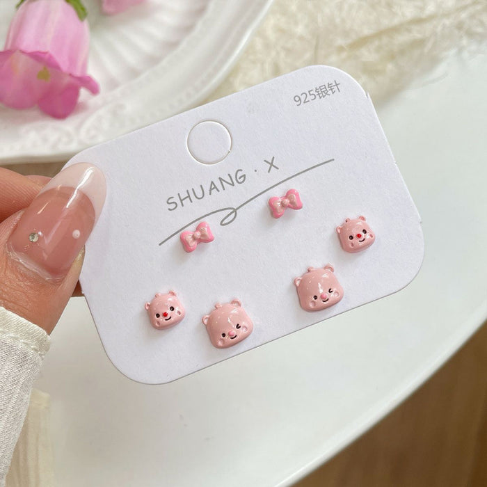 Wholesale  Cartoon Cute Earrings Three-piece Set Women's Silver Needle Children's  Beaver Earrings