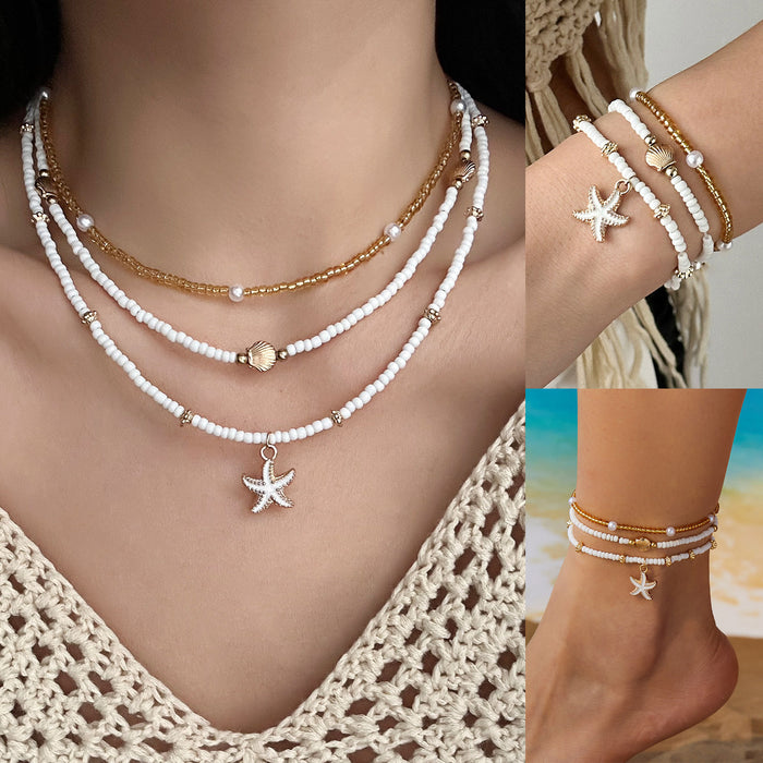 Wholesale New Beach Rice Bead Shell Handmade Versatile Starfish Shell Rice Bead Necklace Foot Chain Set