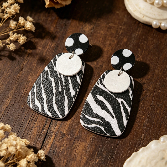 Wholesale Zebra Pattern PU Leather Long Drop Earrings Geometric