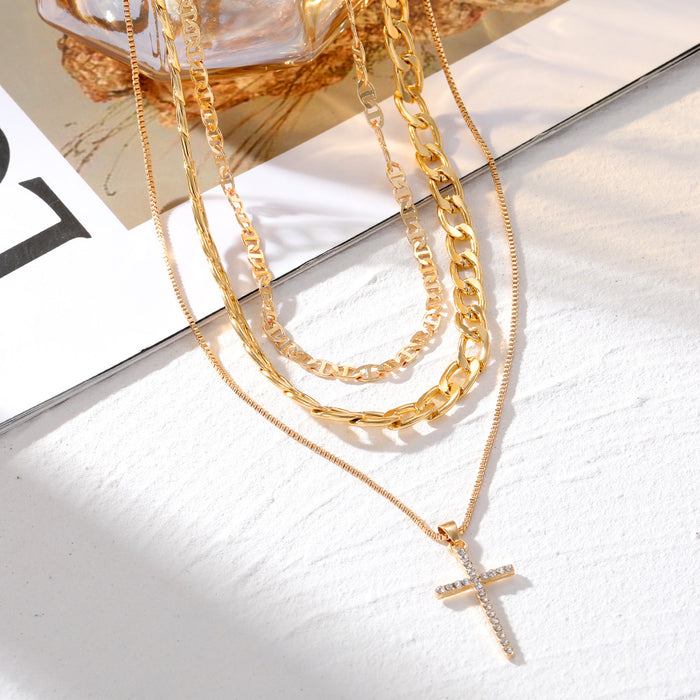 Wholesale Jewelry Cross Chain Necklace Personality Full Diamond Pendant Multi-layer Necklace