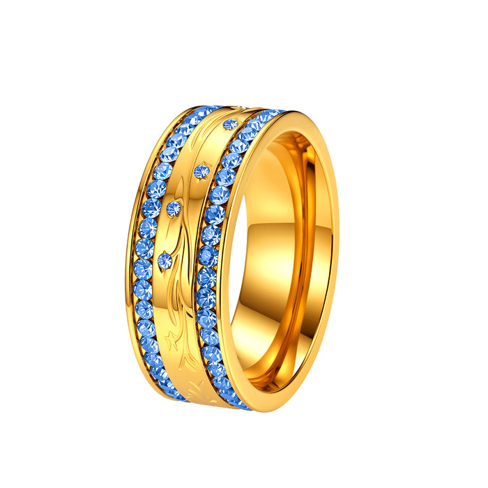 Wholesale Retro Carved Wide Band Ring Gold Stainless Steel Blue Tone Fashion Accessory