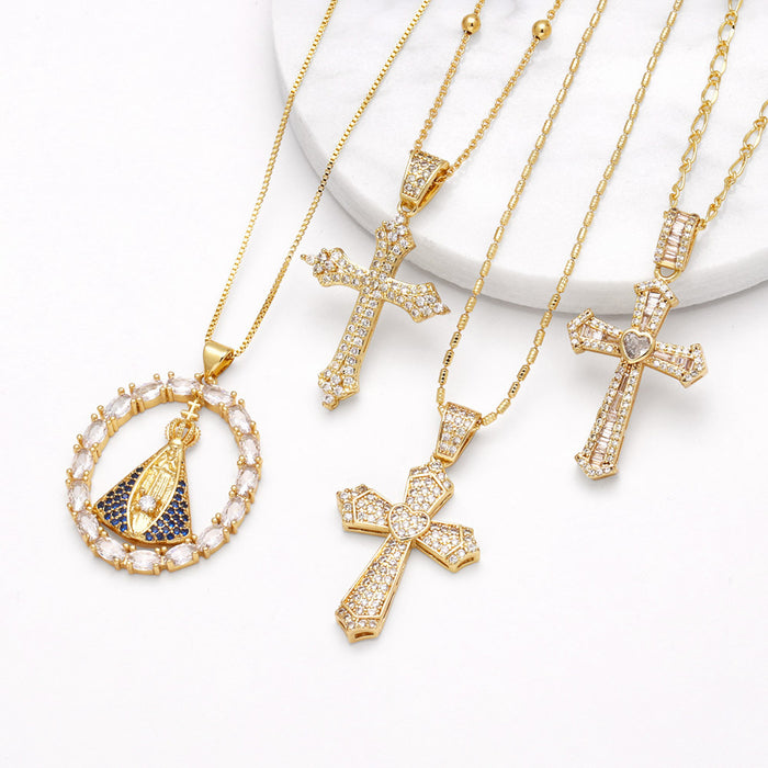 Wholesale Jewelry Cross Our Lady Pendant Necklace Gold Plated Zircon Clavicle Chain