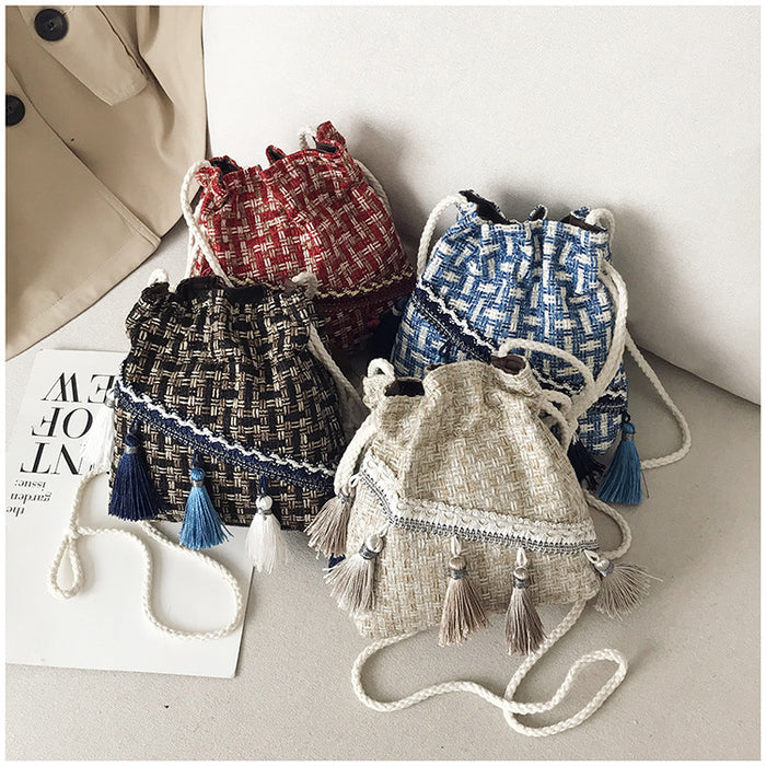 Wholesale Cotton Bucket Bag with Tassel for Women Ethnic Style