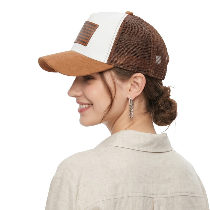 Wholesale Stylish American Flag Leather Patch Trucker Cap Suede Mesh Baseball Cap Summer Casual
