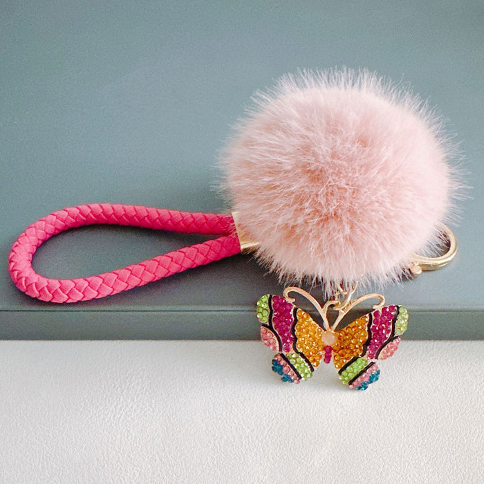 Wholesale Rhinestone Colorful Butterfly Fur Ball Metal Keychain JDC-KC-ZhanLun006