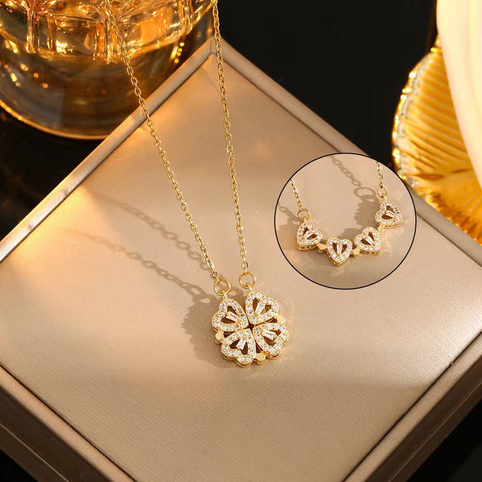 Wholesale Titanium steel necklace four-leaf clover gram open micro-inlaid necklace