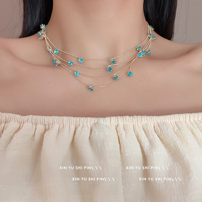 Wholesale Light luxury sparkling diamond water droplet fringe necklace, niche design, high-end temperament, versatile butterfly pendant, collarbone chain