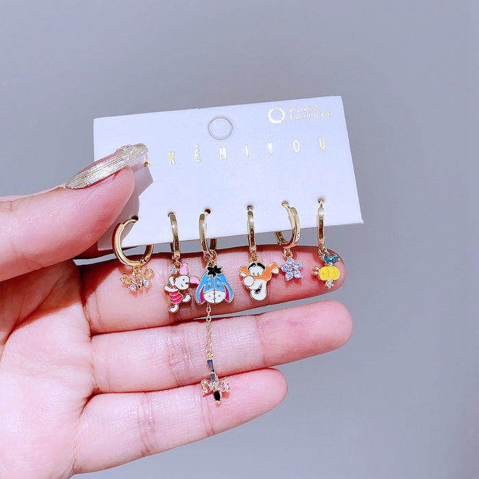 Wholesale   Cute Cartoon Ear Buckle 6-piece Set Color Drop Glaze Asymmetric Earrings Earrings