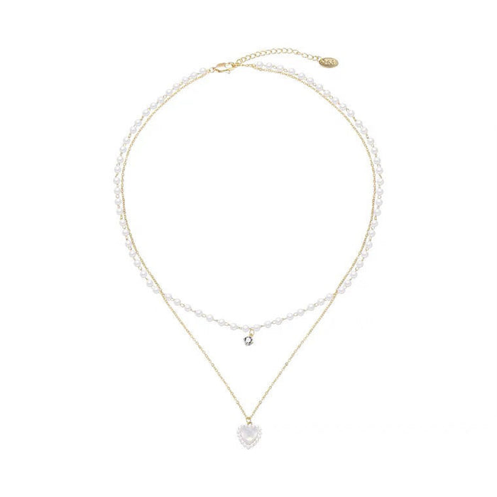 Wholesale A niche high-end pearl double-layer layered necklace with personalized heart pendant and collarbone chain
