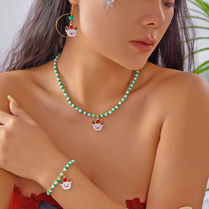 Wholesale Christmas Snowflake Elk Pendant Women' s Retro Color block Rice Bead Christmas Party Necklace Bracelet Set