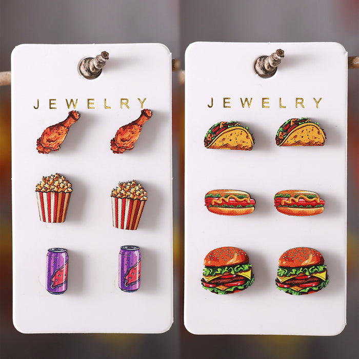 Wholesale Hamburger,  hot dog,  chicken drumstick,  popcorn,  cola food earring set wooden food earrings