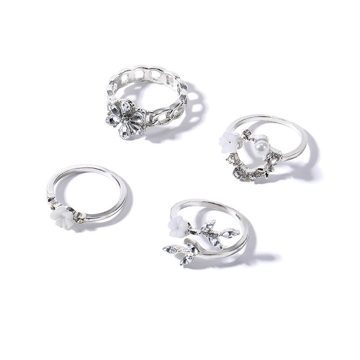 Wholesale Fresh diamond inlaid flower ring alloy ring set bracelet