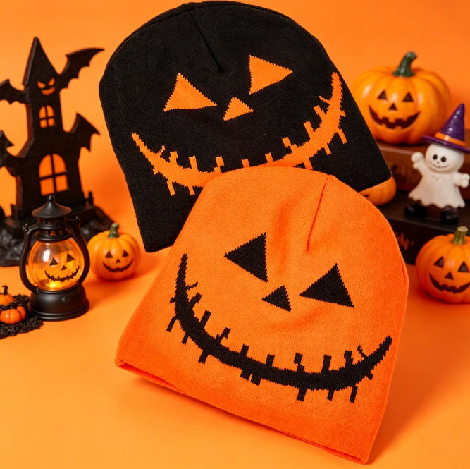 Wholesale Jacquard Knitted Beanie  Pumpkin Contrast Color Party Hat MOQ: 2