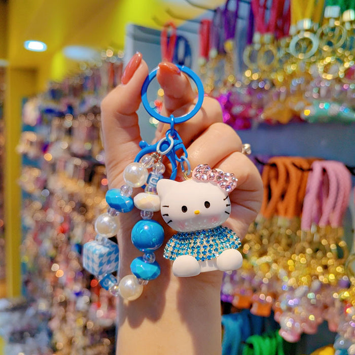 Wholesale Czech Rhinestone Cartoon Cat Keychain Cute Ladies Beaded Bag Charm Phone Pendant Car Key Accessory