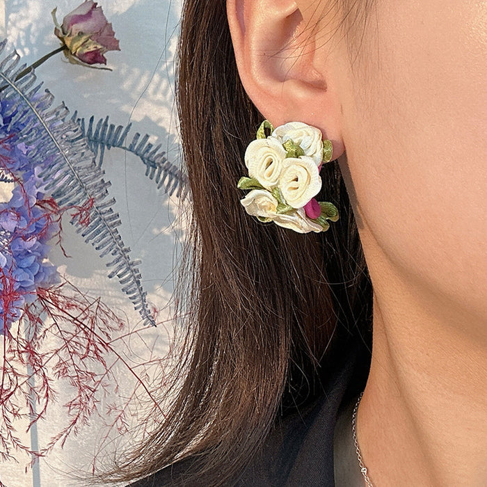 Wholesale Fabric Design Earrings Colorful C-shaped Flower Studs JDC-ES-Gute060