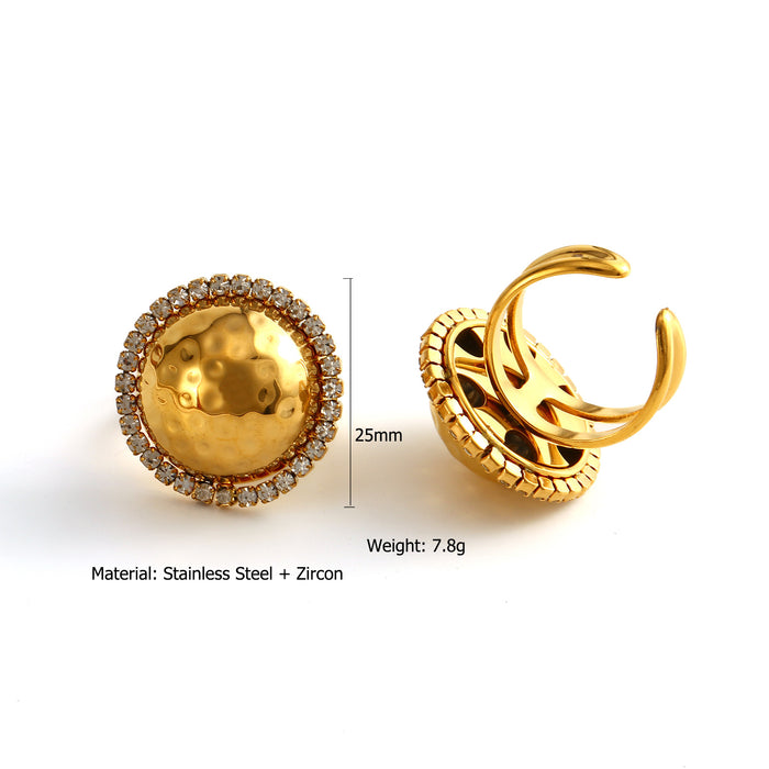 Wholesale Fashionable stainless steel texture earrings with zircon half circle earrings and ring set color preservation wholesale