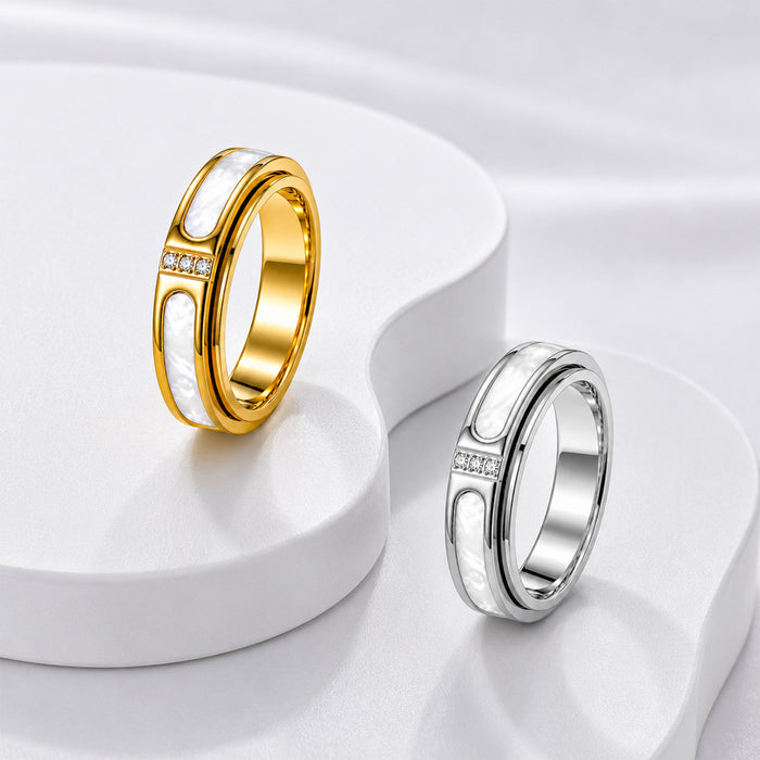 Wholesale Light Luxury Rotatable Ring with White Shell and Crystal 304 Stainless Steel