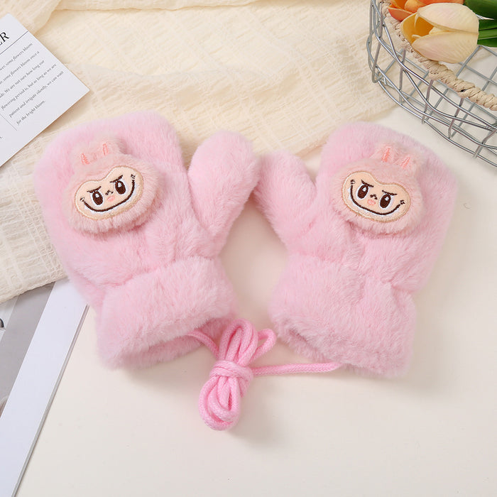 Wholesale Cute cartoon-style faux rabbit fur thickened kids' gloves with drawstring to prevent loss