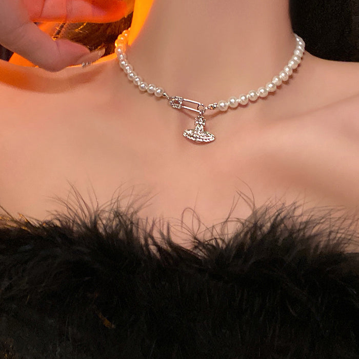 Wholesale Imitation pearl necklace necklace, niche geometric crown, full diamond collarbone chain