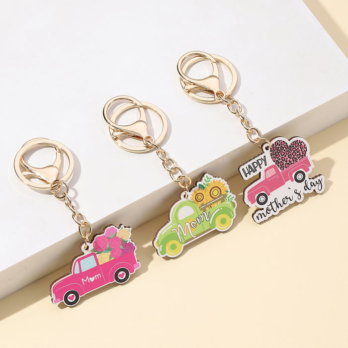 Wholesale Leopard Print Truck Western Style Mother's Day Wooden Keychain JDC-KC-RongR015