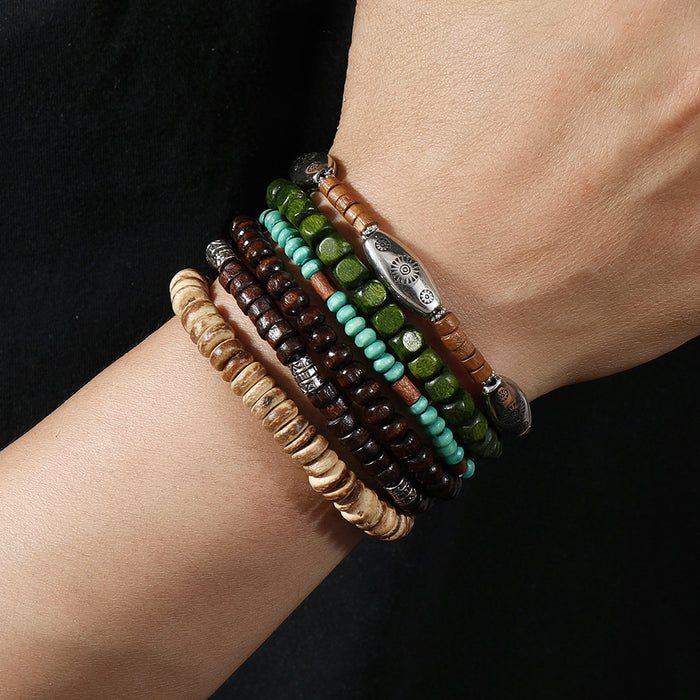 Wholesale Wooden bead alloy 6-piece multi-layer elastic bracelet