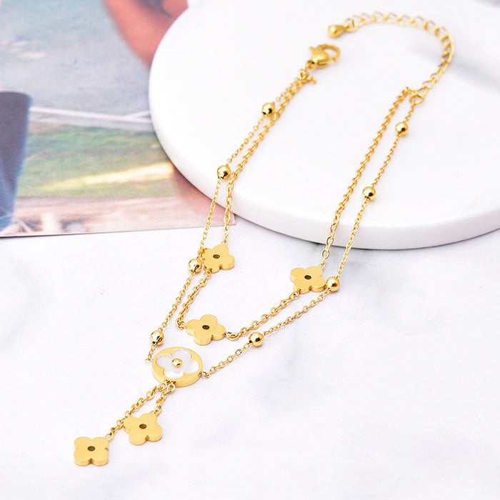 Wholesale Double Layer Flower Shell Tassel Titanium Steel Anklet JDC-AS-JinL001