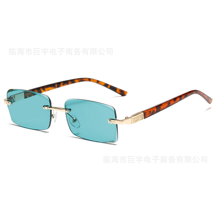 Wholesale Wood grain temple metal frameless sunglasses, irregular square trendy sunglasses
