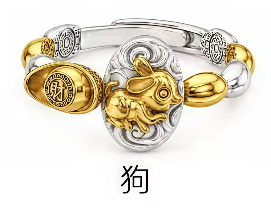 Wholesale Chinese Zodiac Rat Adjustable Open Ring Seven Grain Retro Gold Plated Copper Unisex Jewelry Boutique Resale Gift