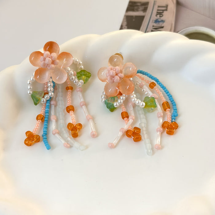 Wholesale Romantic Flower Earrings with tassels, no ear holes, ear clips