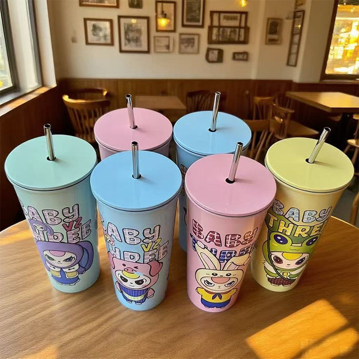 Wholesale Random Cartoon thermos cup stainless steel coffee cup high value large capacity cold cup portable straw water cup