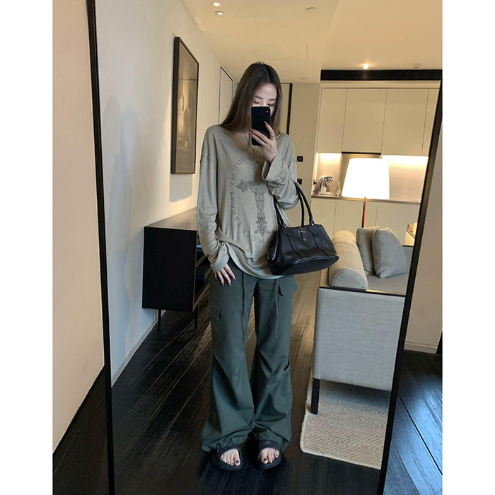 Wholesale Drapey raw edge printed long-sleeved loose T-shirt design mid-length for women