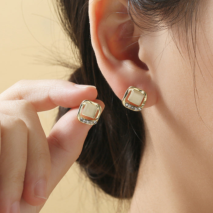 Wholesale S925 silver needle Korean square cat's eye stone inlaid with zirconium