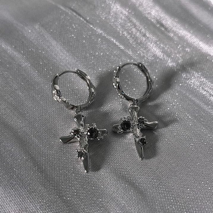 Wholesale Diamond studded cross earrings silver plated niche design earrings for men and women niche Hong Kong style personality versatile