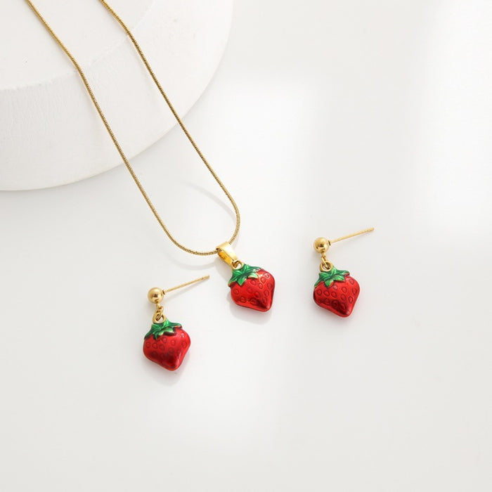 Wholesale Sweet fruit series strawberry cherry oil drop pendant stainless steel earrings necklace jewelry suit