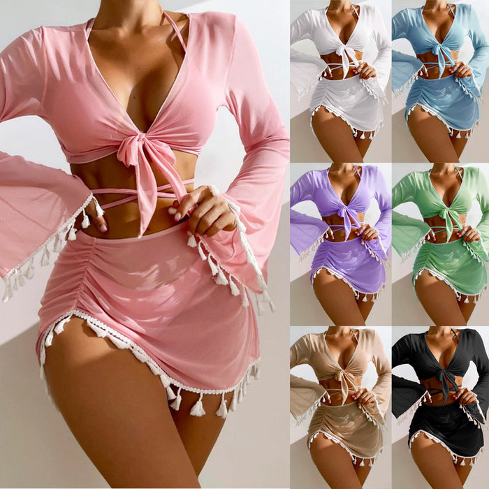 Wholesale Polyester Solid Color Tassel Cover Up, Mesh Short Skirt, Bikini Four Piece Set JDC-SW-ZhengY001