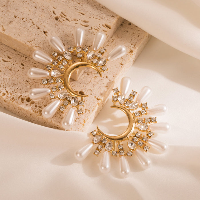 Wholesale Pearl Earrings for Women Inlaid with Rhinestones C-Shaped Earrings