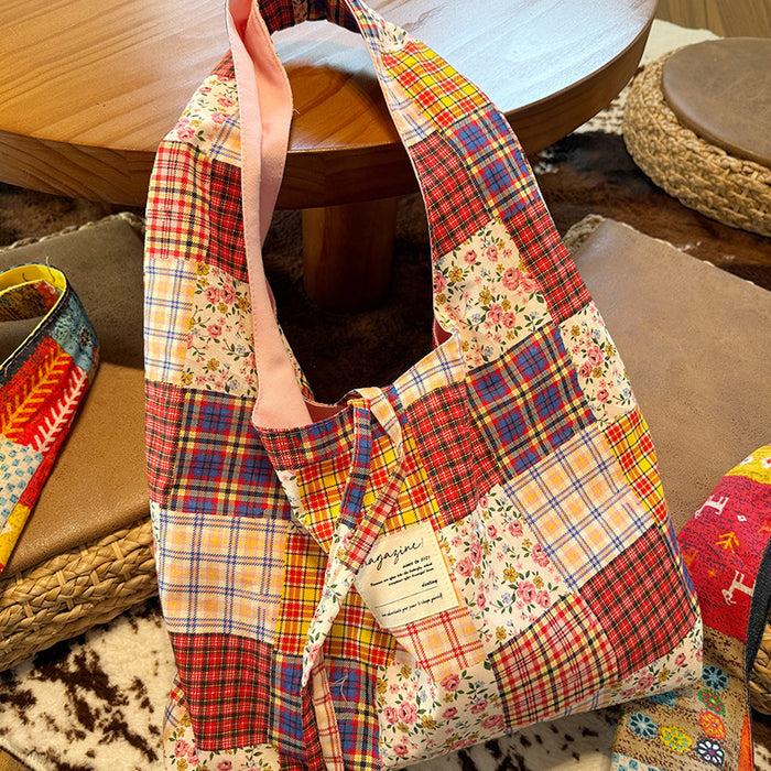 Wholesale Retro double-sided patchwork pericardial shoulder bag, large capacity shopping bag