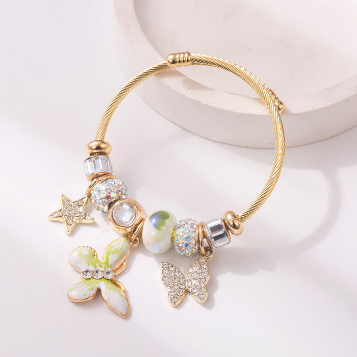 Wholesale Trendy Pink Adjustable Stainless Steel Bangle Bracelet With Rhinestone Butterfly Pendant And Star Accents Fashion Accessory For Resale