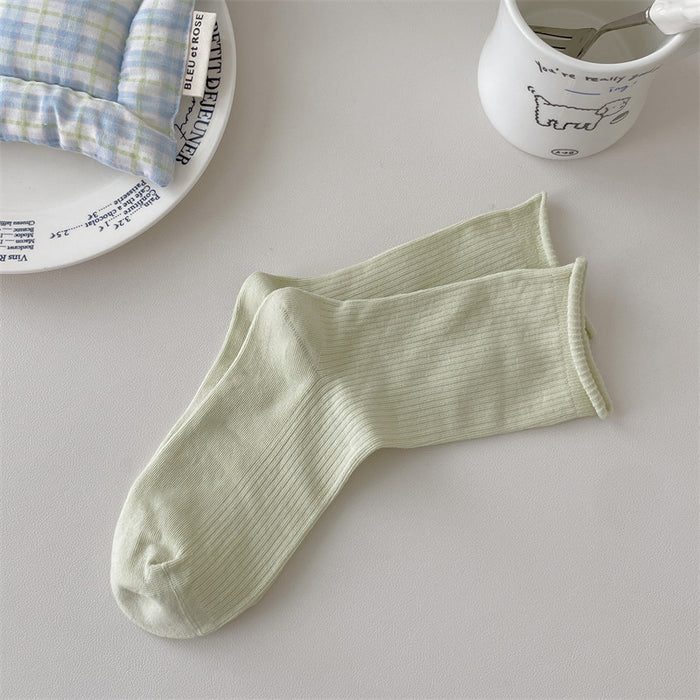 Wholesale Boneless solid color rolled edge vertical strip thin breathable cotton elastic mouth middle tube stacking socks
