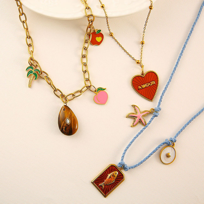 Wholesale Original design color rope necklace paired with stainless steel heart-shaped oil drop pendant, personalized DIY accessory