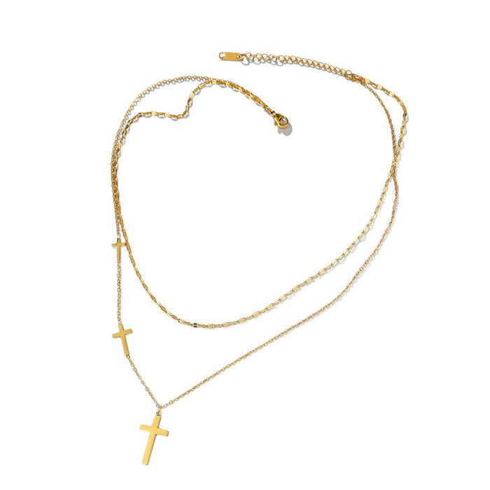Wholesale Elegant Cross Necklace Stainless Steel 18K Gold Plated Double Layer Chain Trendy Layering Jewelry Accessory For Women Party Gift Boutique