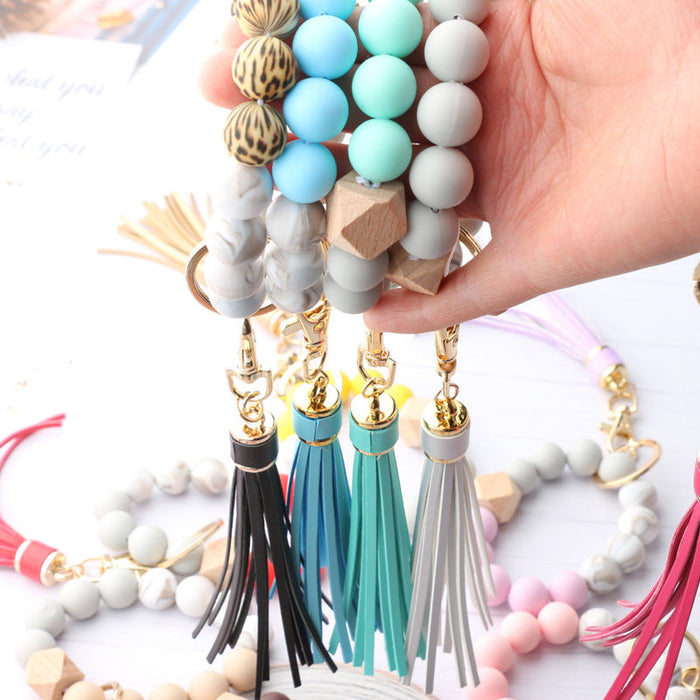 Wholesale Keychains PU Silicone Beads Wooden Beads Anti-lost Wrist JDC-KC-NuoYi020