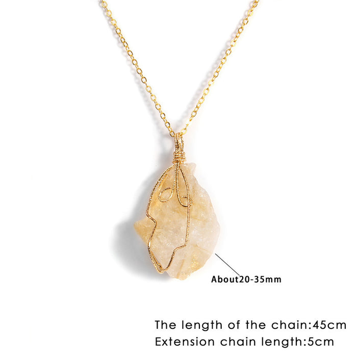 Wholesale Handmade wire wrapped raw gemstone pendant irregular lucky stone clavicle necklace