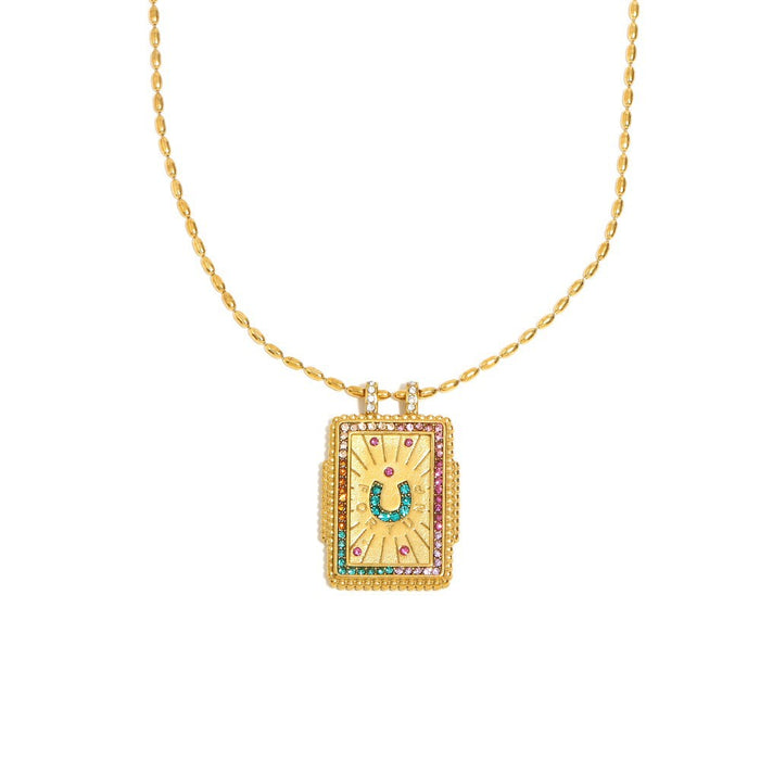 Wholesale Stainless steel jewelry trendy gold plated tarot card square pendant with dripping oil round flower necklace